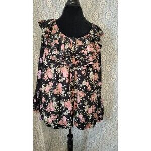 Free People Loretta Printed Tunic Blouse Black Pink Floral Boho Ruffle Top S